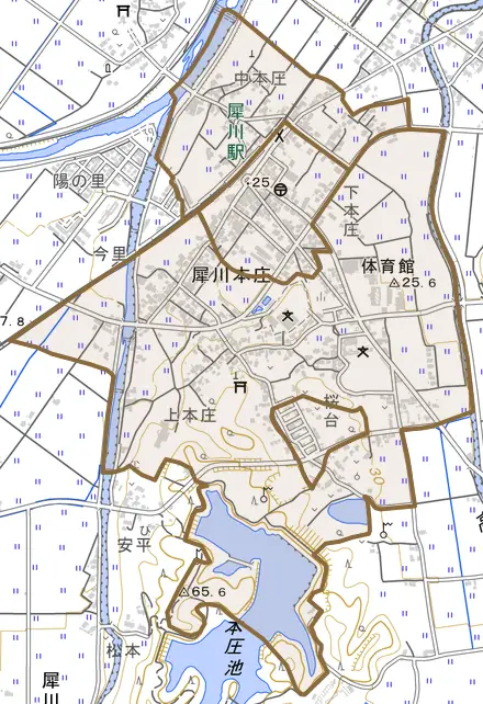 犀川本庄とその周辺の地図。町の範囲を重ねている