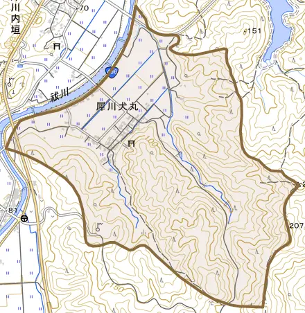 犀川犬丸とその周辺の地図。町の範囲を重ねている