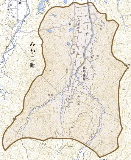 犀川上高屋とその周辺の地図。町の範囲を重ねている