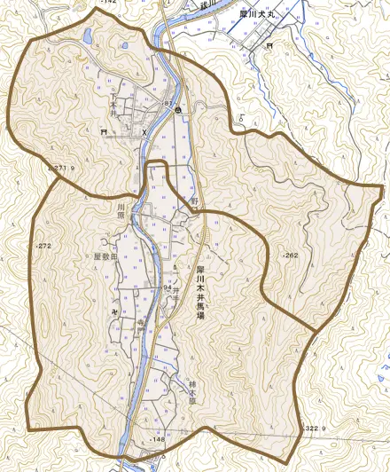 犀川木井馬場とその周辺の地図。町の範囲を重ねている