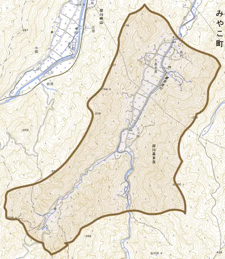 犀川喜多良とその周辺の地図。町の範囲を重ねている