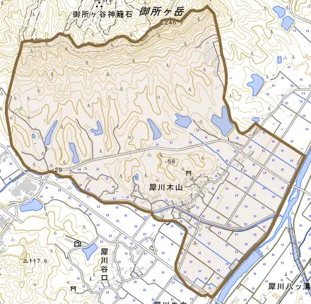 犀川木山とその周辺の地図。町の範囲を重ねている