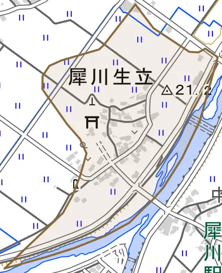 犀川生立とその周辺の地図。町の範囲を重ねている