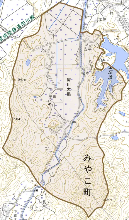 犀川大熊とその周辺の地図。町の範囲を重ねている