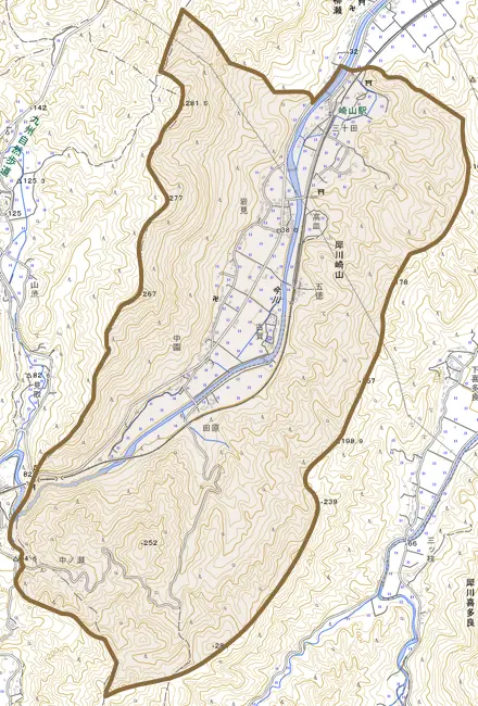 犀川崎山とその周辺の地図。町の範囲を重ねている
