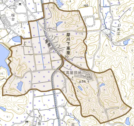 犀川下高屋とその周辺の地図。町の範囲を重ねている
