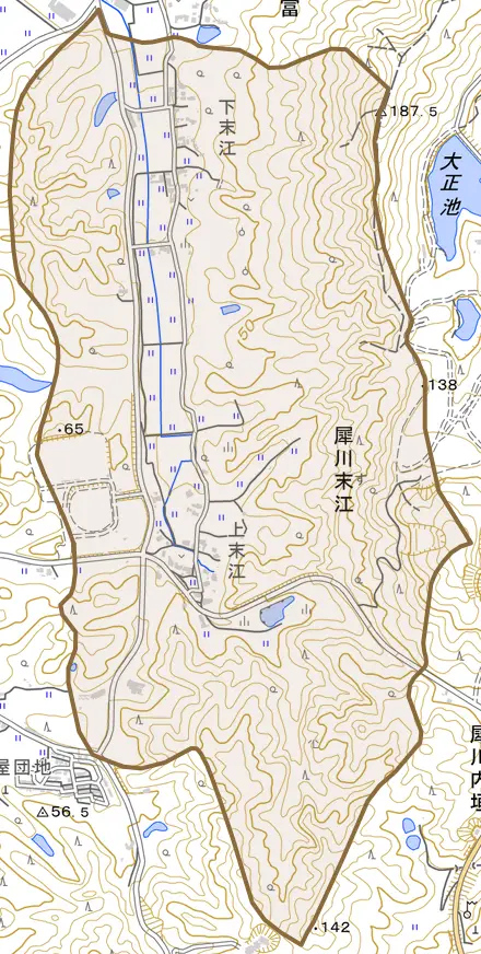 犀川末江とその周辺の地図。町の範囲を重ねている