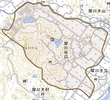 犀川谷口とその周辺の地図。町の範囲を重ねている