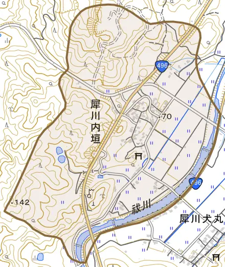 犀川内垣とその周辺の地図。町の範囲を重ねている