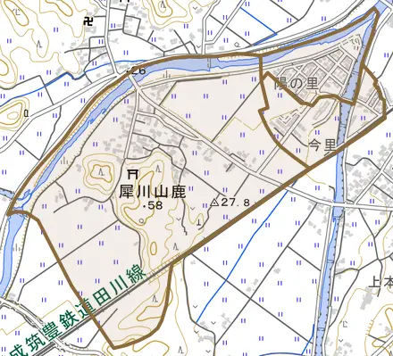 犀川山鹿とその周辺の地図。町の範囲を重ねている