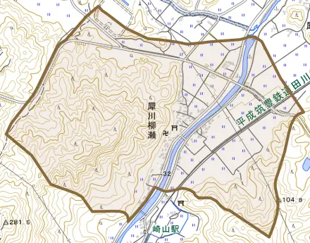 犀川柳瀬とその周辺の地図。町の範囲を重ねている