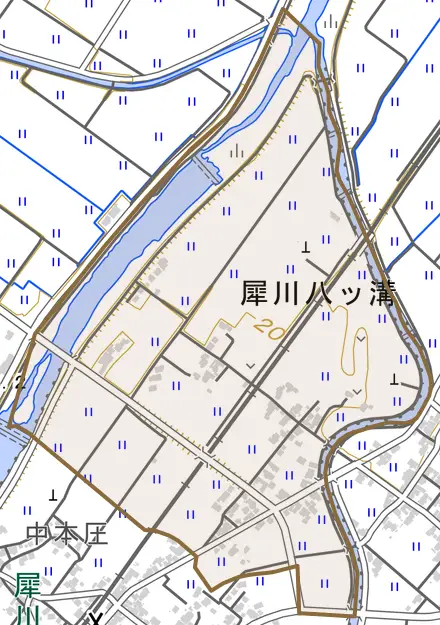 犀川八ツ溝とその周辺の地図。町の範囲を重ねている