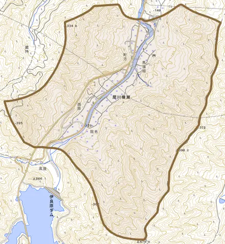 犀川横瀬とその周辺の地図。町の範囲を重ねている