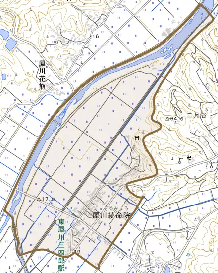 犀川続命院とその周辺の地図。町の範囲を重ねている