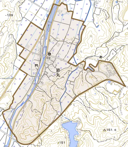 節丸とその周辺の地図。町の範囲を重ねている