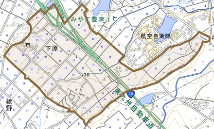 下原とその周辺の地図。町の範囲を重ねている