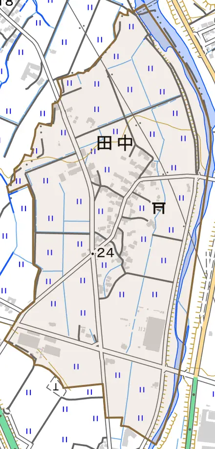 田中とその周辺の地図。町の範囲を重ねている