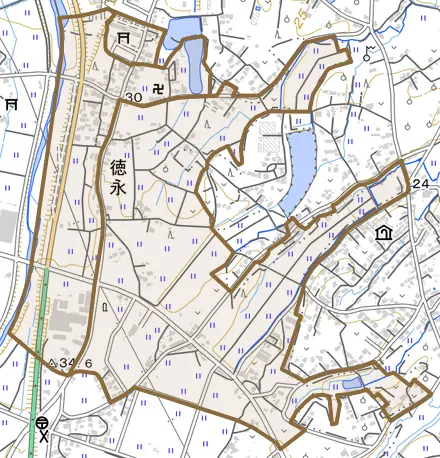 徳永とその周辺の地図。町の範囲を重ねている
