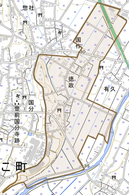 徳政とその周辺の地図。町の範囲を重ねている