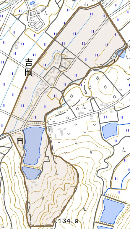 吉岡とその周辺の地図。町の範囲を重ねている