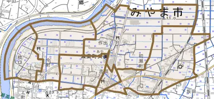 瀬高町文廣とその周辺の地図。町の範囲を重ねている
