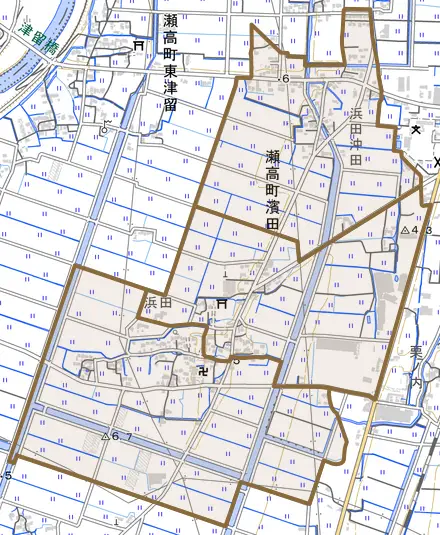 瀬高町濱田とその周辺の地図。町の範囲を重ねている
