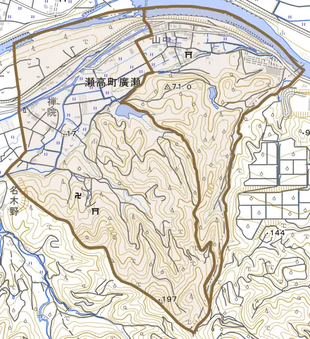 瀬高町廣瀬とその周辺の地図。町の範囲を重ねている