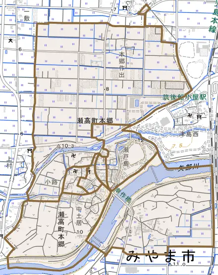 瀬高町本郷とその周辺の地図。町の範囲を重ねている