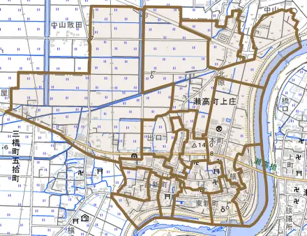 瀬高町上庄とその周辺の地図。町の範囲を重ねている
