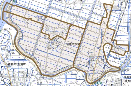 瀬高町河内とその周辺の地図。町の範囲を重ねている