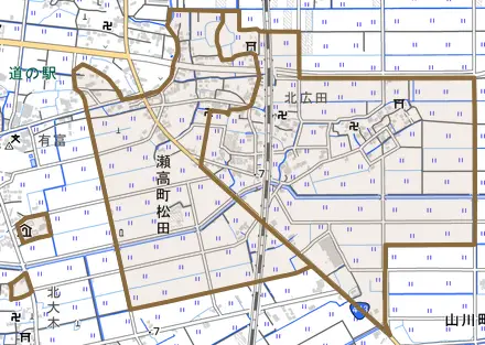 瀬高町松田とその周辺の地図。町の範囲を重ねている