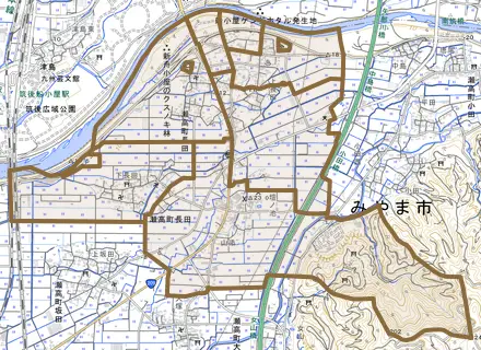 瀬高町長田とその周辺の地図。町の範囲を重ねている