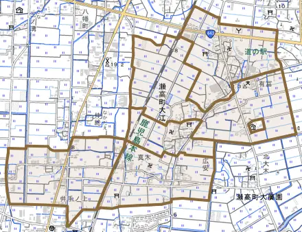 瀬高町大江とその周辺の地図。町の範囲を重ねている