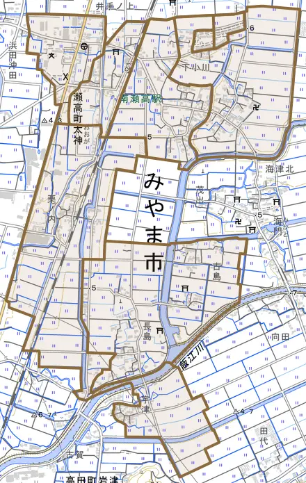 瀬高町太神とその周辺の地図。町の範囲を重ねている