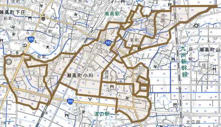 瀬高町小川とその周辺の地図。町の範囲を重ねている