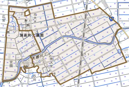 瀬高町大廣園とその周辺の地図。町の範囲を重ねている