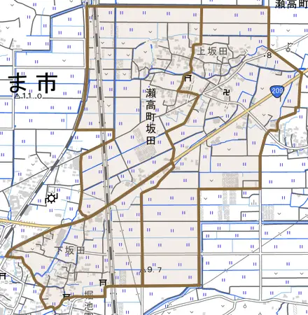 瀬高町坂田とその周辺の地図。町の範囲を重ねている
