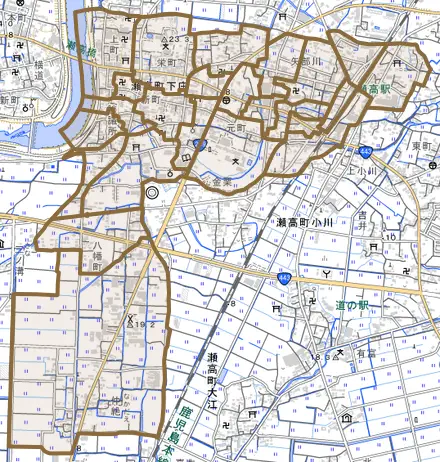 瀬高町下庄とその周辺の地図。町の範囲を重ねている