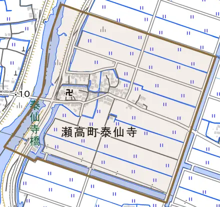 瀬高町泰仙寺とその周辺の地図。町の範囲を重ねている