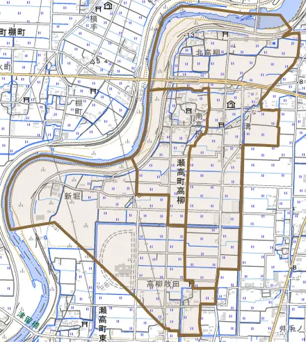 瀬高町高柳とその周辺の地図。町の範囲を重ねている