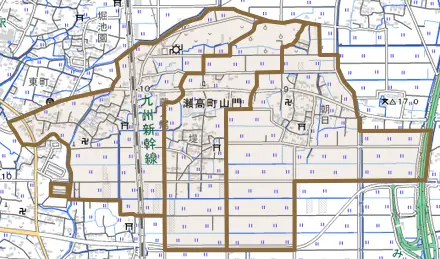 瀬高町山門とその周辺の地図。町の範囲を重ねている