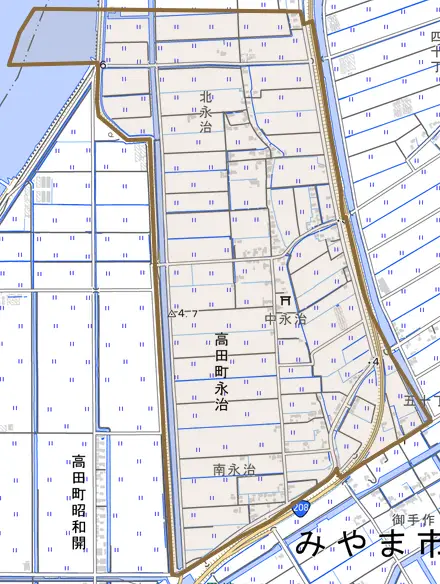高田町永治とその周辺の地図。町の範囲を重ねている