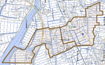 高田町江浦とその周辺の地図。町の範囲を重ねている