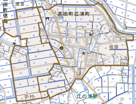 高田町江浦町とその周辺の地図。町の範囲を重ねている