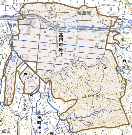 高田町飯江とその周辺の地図。町の範囲を重ねている