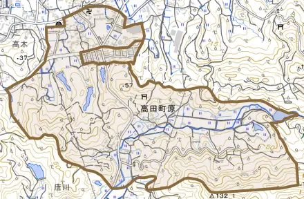 高田町原とその周辺の地図。町の範囲を重ねている