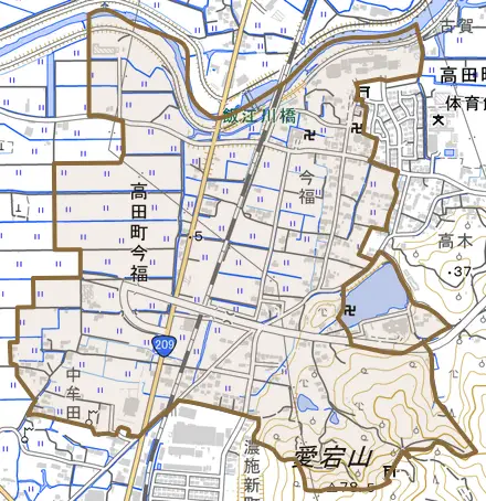 高田町今福とその周辺の地図。町の範囲を重ねている