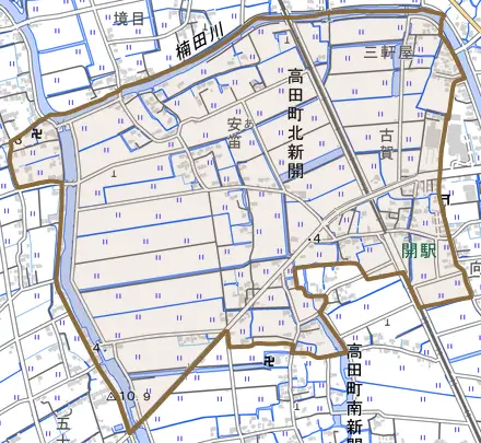 高田町北新開とその周辺の地図。町の範囲を重ねている