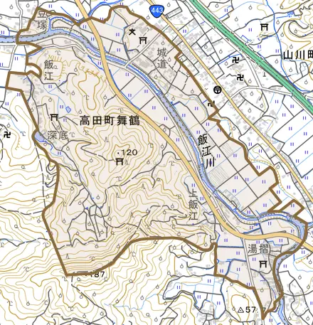 高田町舞鶴とその周辺の地図。町の範囲を重ねている