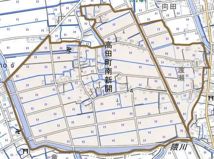 高田町南新開とその周辺の地図。町の範囲を重ねている